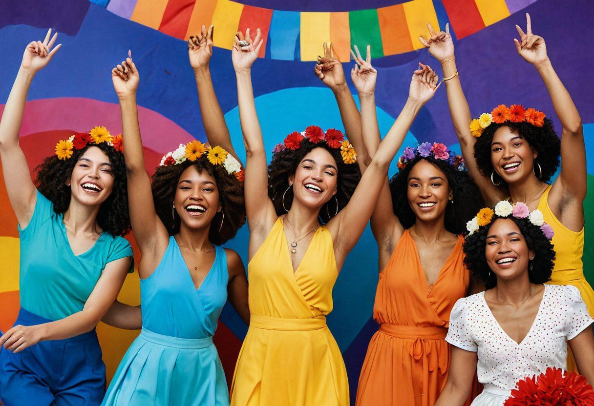 A vibrant celebration of women's sexuality, showcasing a diverse group of women of various ethnicities joyfully engaging in activities like dancing and painting in a colorful, inclusive environment. Incorporate symbols of pride and empowerment, such as rainbow flags and flower crowns. The background should feature abstract shapes and lively colors that represent freedom and love. super-realistic. vibrant colors. 3D.