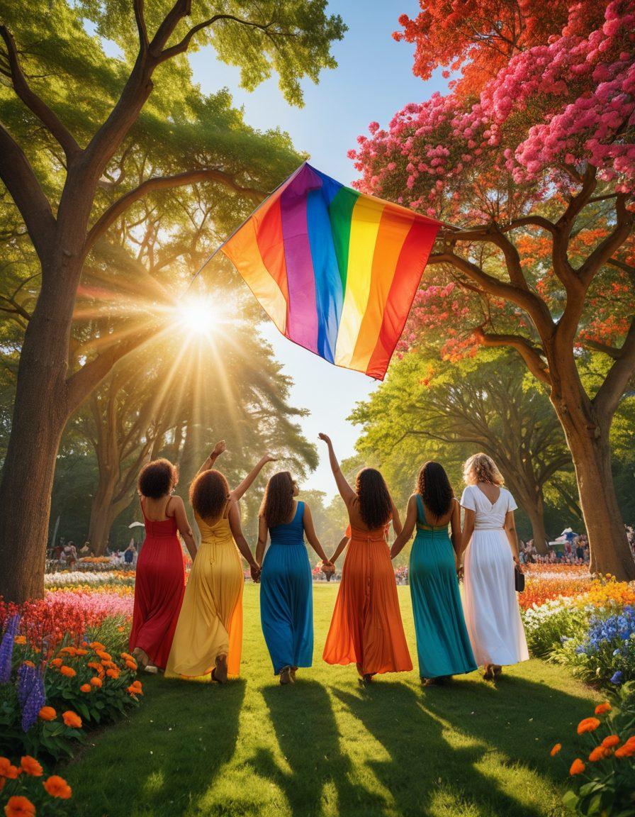 A vibrant scene depicting a diverse group of joyful women, embracing each other in a lush, sunlit park. They represent different backgrounds, showcasing their lesbian identities with colorful pride flags and accessories. The atmosphere is filled with love, laughter, and empowerment, lined with blooming flowers and trees. Include a gentle rainbow arching in the sky to symbolize unity and acceptance. super-realistic. vibrant colors. natural setting.