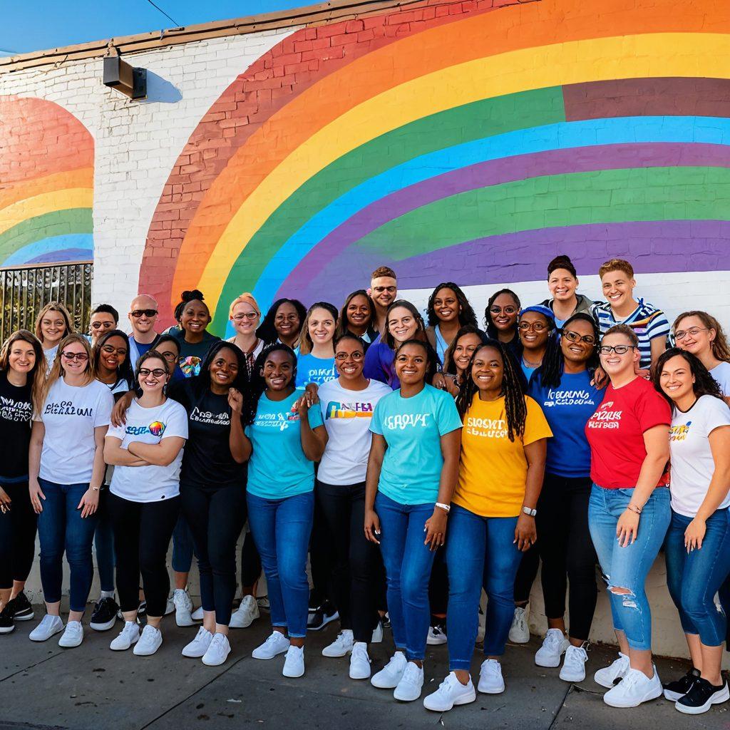 A vibrant, colorful mural depicting a diverse group of people celebrating together, showcasing various cultures and identities within the lesbian community, surrounded by symbols of pride and unity like rainbow flags and community gathering spaces. Elements of laughter and joy are intertwined throughout the scene, emphasizing connections and support among individuals. The background features a setting sun, symbolizing hope and acceptance. 3D. vibrant colors. urban art style.